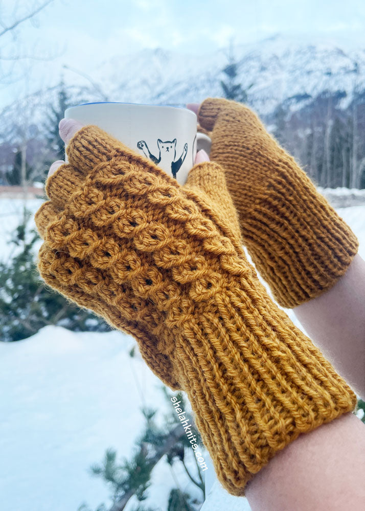 Knit Fingerless Gloves, Merino Wool, Harvest Brown, Large 