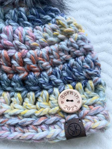 Crochet Baby Beanies with Born in Year Buttons