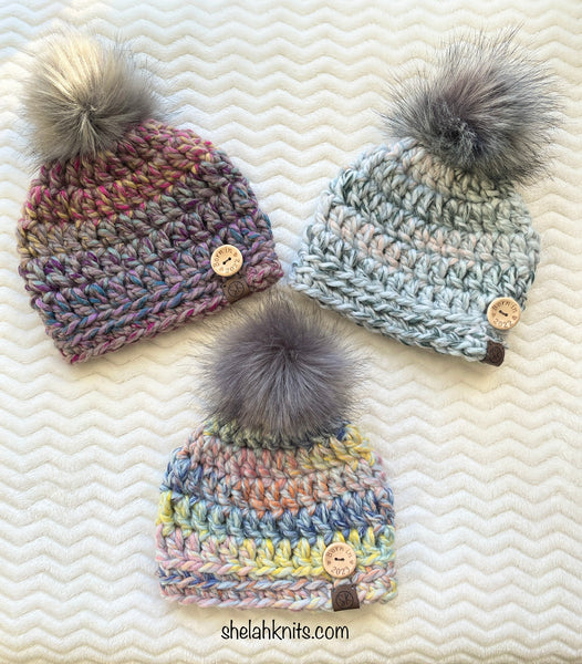 Crochet Baby Beanies with Born in Year Buttons
