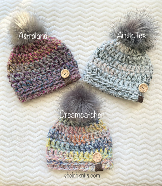 Crochet Baby Beanies with Born in Year Buttons