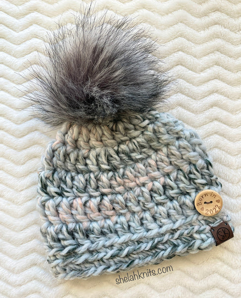 Crochet Baby Beanies with Born in Year Buttons